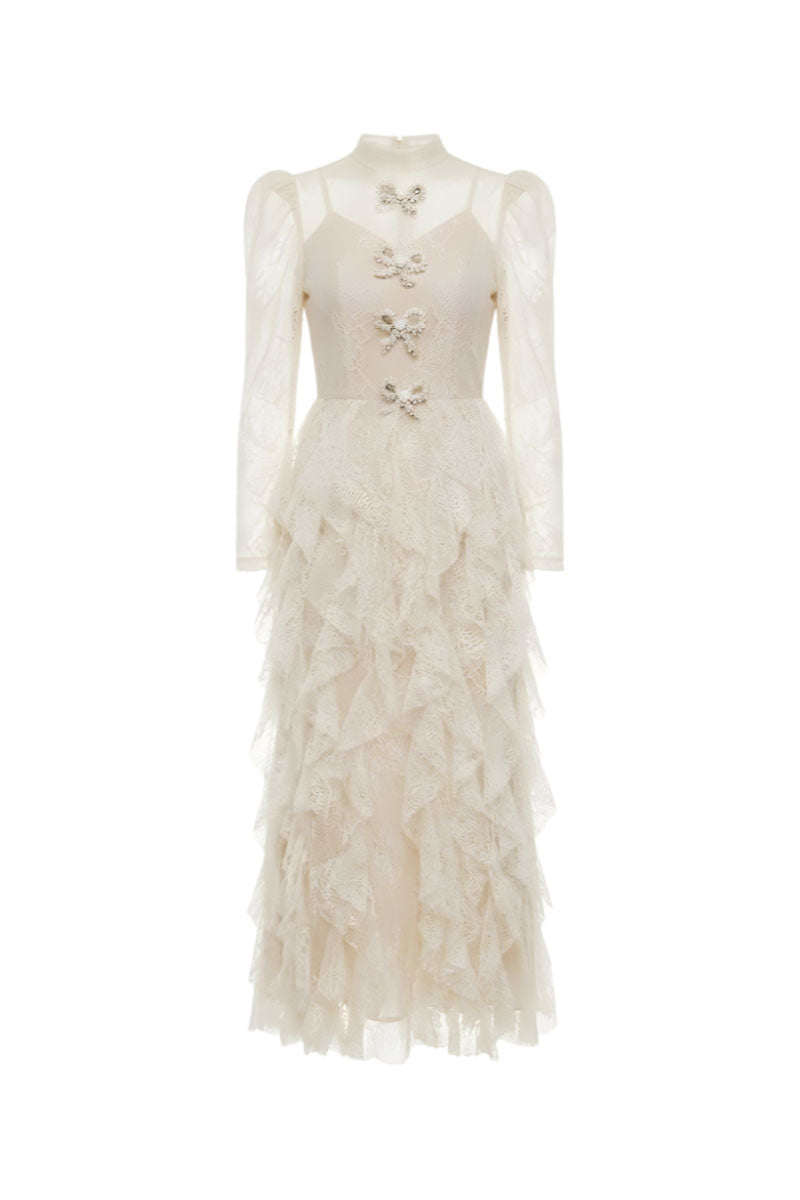 White Plan blush feather romance midi dress with flowing fabric and delicate feather details, perfect for elegant occasions.
