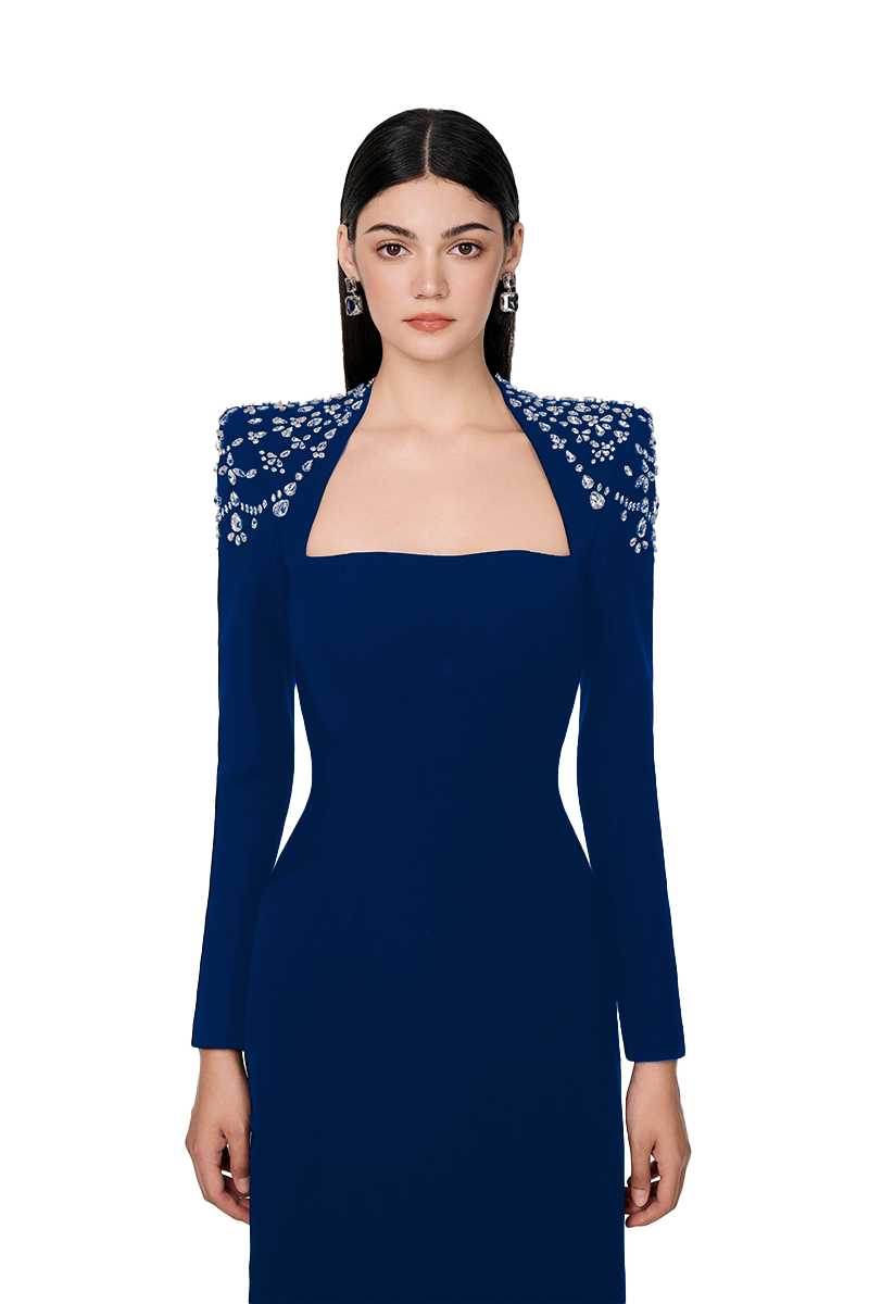 Navy blue long sleeve trapezoid neckline Tracy Studio bodycon gown displayed on a hanger with a fitted silhouette.