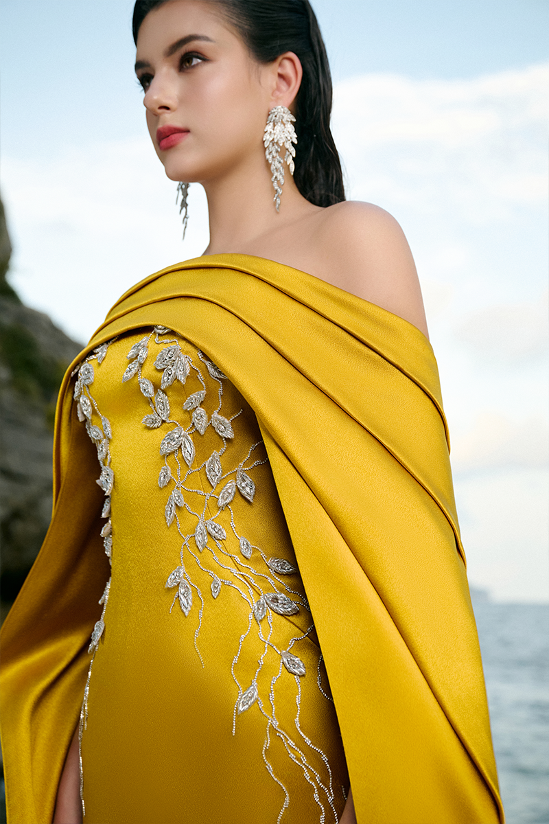 CURVED DRAPED OFF SHOULDER WITH LONG SLEEVE CAPE DRESS - CULT MIA