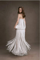 Keira Tong fringe lace corset maxi dress with intricate lace detailing and flowing silhouette, perfect for elegant occasions.