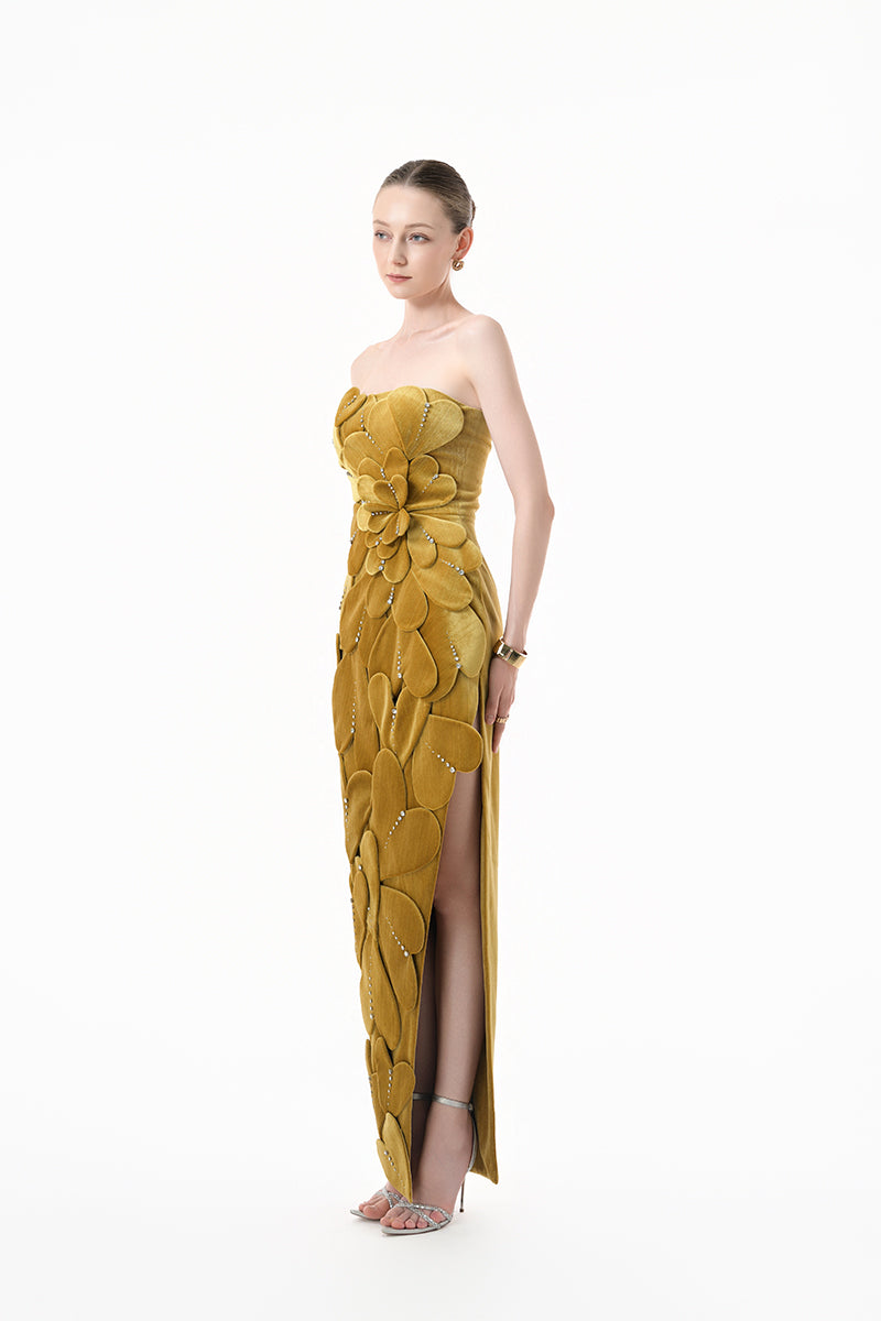 Gold velvet strapless gown with 3D petal details from Happy Clothing, featuring a luxurious, elegant design.