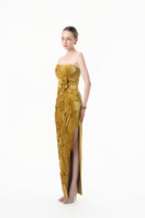 Gold velvet strapless gown with 3D petal details from Happy Clothing, featuring a luxurious, elegant design.