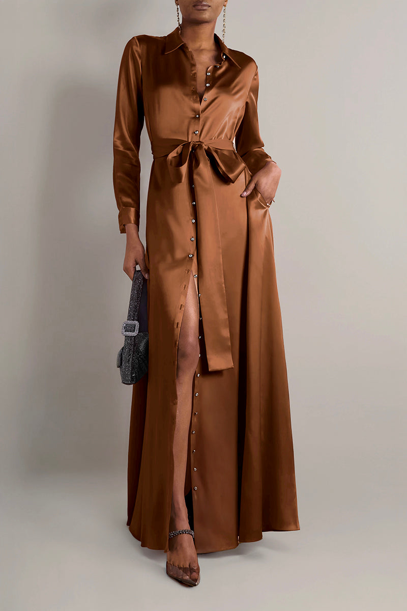 SILK SHIRT DRESS WITH SIDE SLITS IN CAMEL | CULT MIA | SemSem SILK SHIRT DRESS WITH SIDE SLITS IN CAMEL | CULT MIA | SemSem