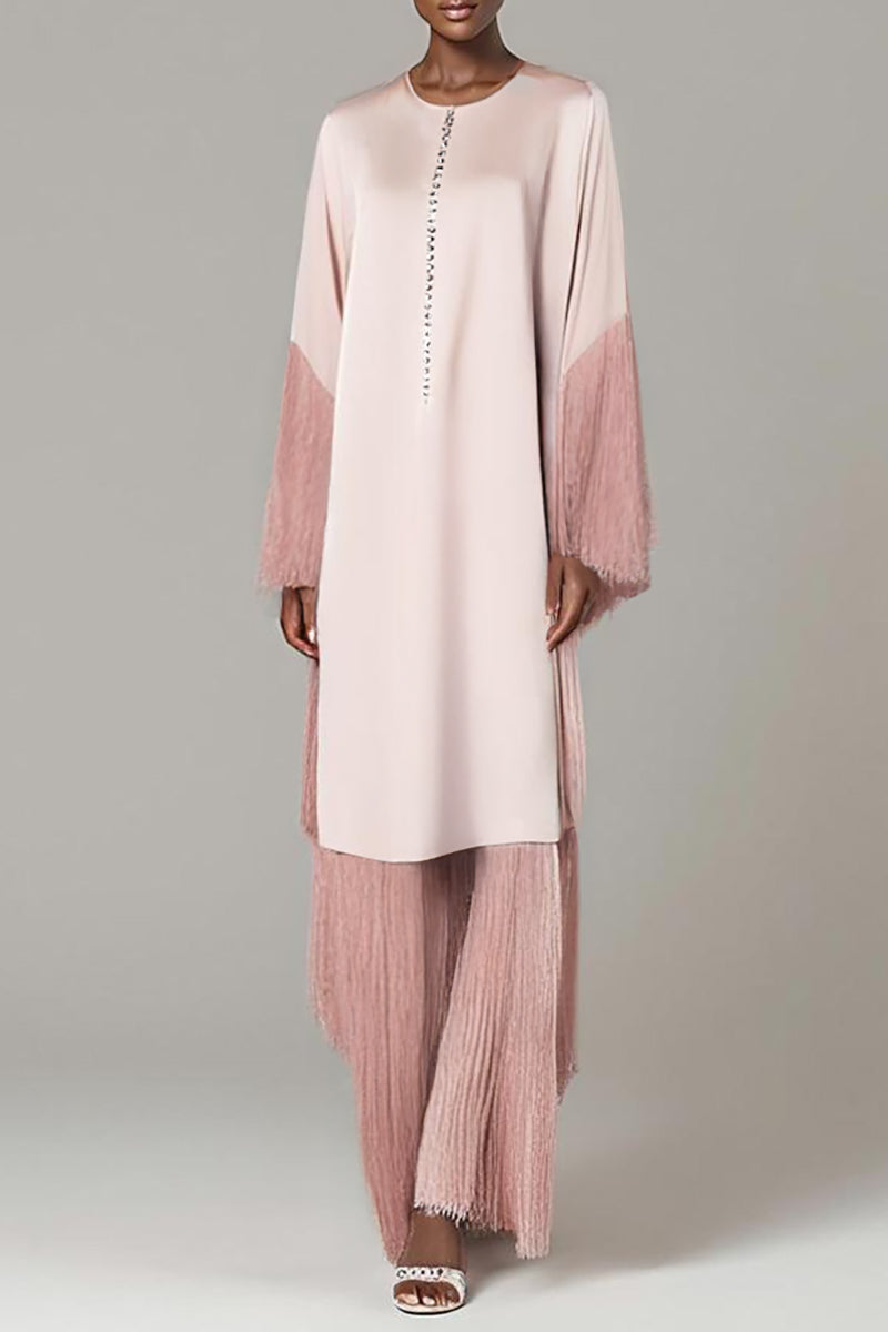 KAFTAN WITH FRINGE DETAIL AND CRYSTAL BUTTONS IN MISTY ROSE - CULT MIA