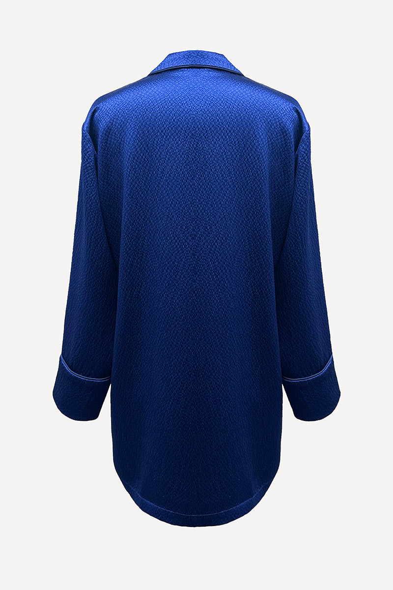 HAMMERED SILK PAJAMA TOP WITH CRYSTAL TRIM IN NAVY - CULT MIA