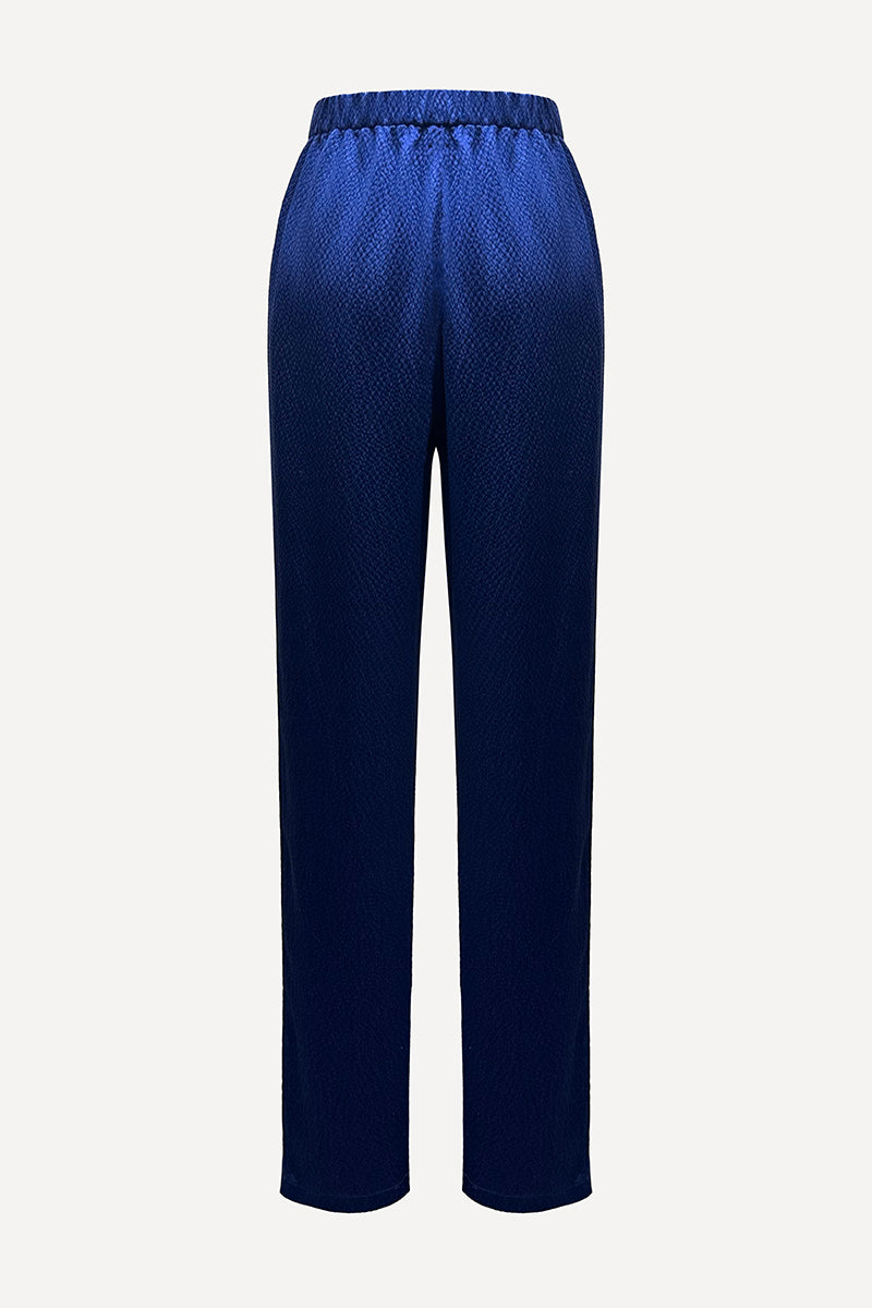 Navy hammered silk pajama pants with crystal trim from SemSem, featuring a relaxed fit and luxurious fabric for comfortable sleepwear.