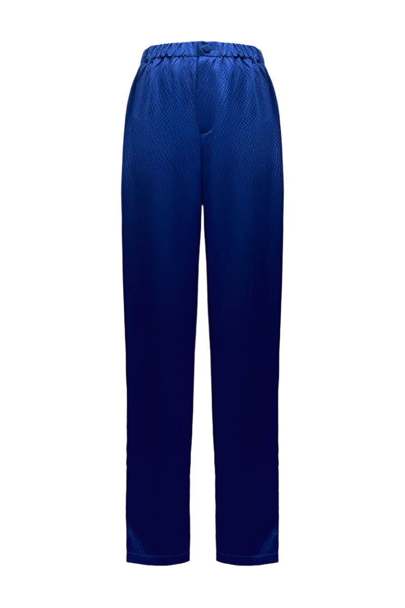 Navy hammered silk pajama pants with crystal trim from SemSem, featuring a relaxed fit and luxurious fabric.