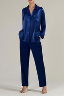 Navy hammered silk pajama pants with crystal trim by SemSem, shown from the front view. Comfortable and elegant sleepwear.