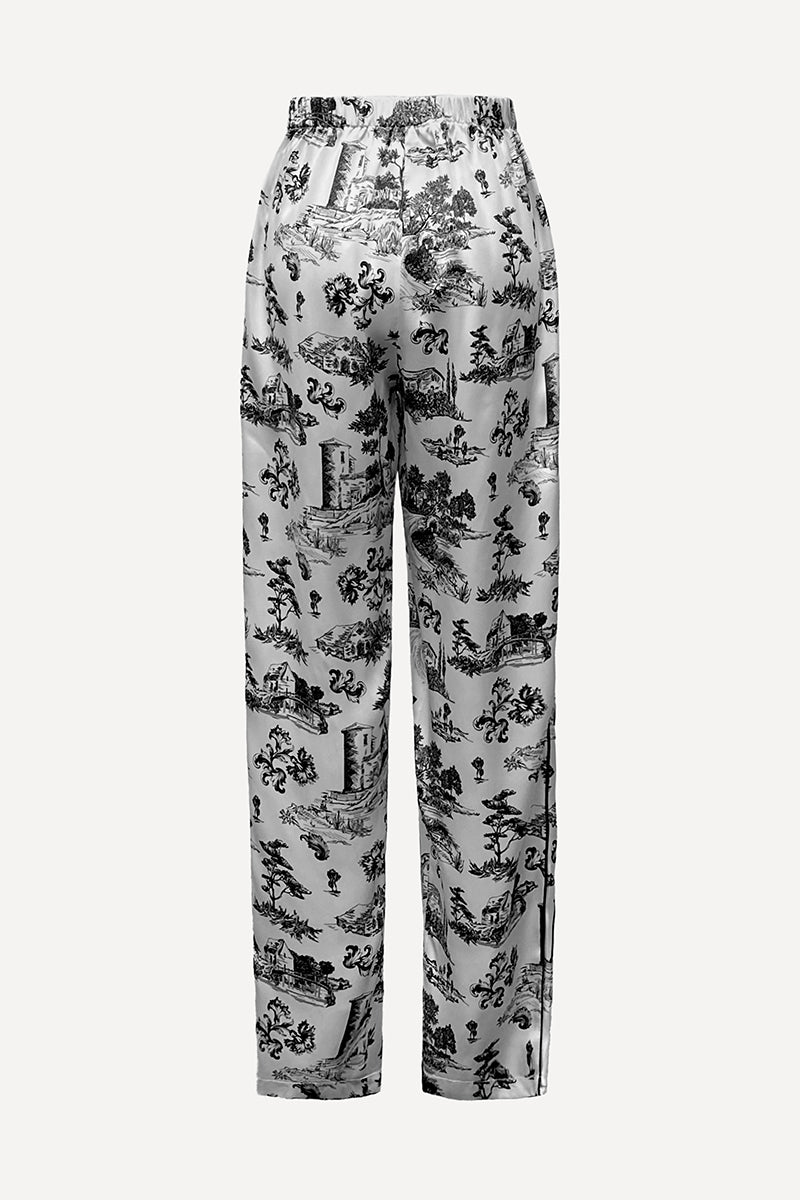 PRINTED SILK PAJAMA PANTS WITH CRYSTAL TRIM DETAIL IN INK PRINT - CULT MIA
