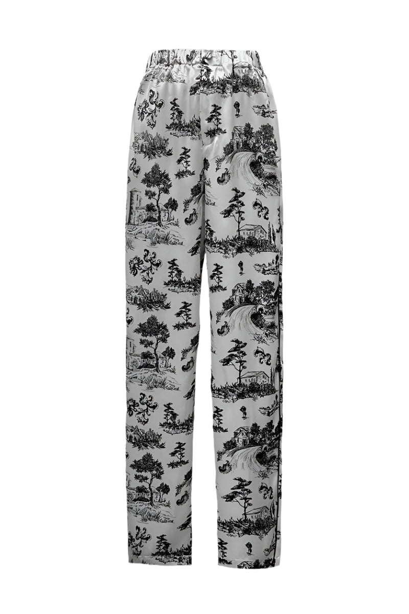 PRINTED SILK PAJAMA PANTS WITH CRYSTAL TRIM DETAIL IN INK PRINT - CULT MIA