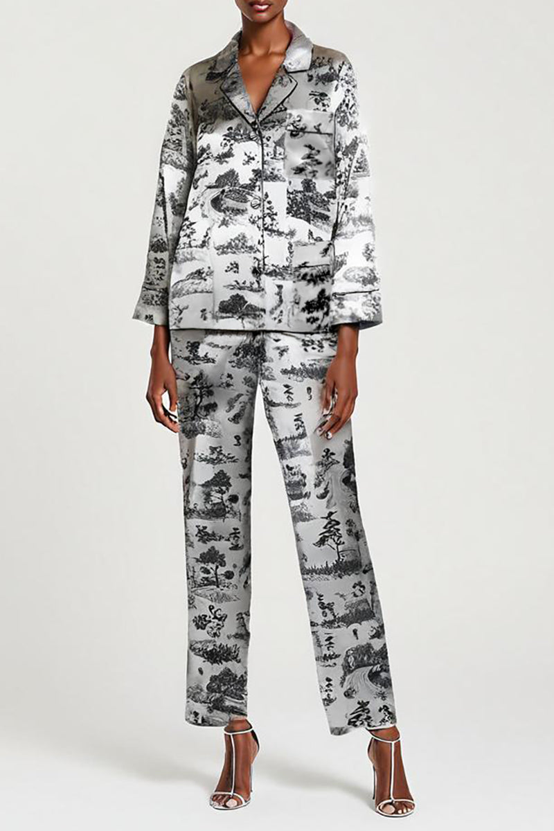 PRINTED SILK PAJAMA PANTS WITH CRYSTAL TRIM DETAIL IN INK PRINT - CULT MIA