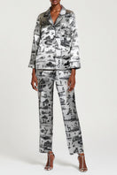 SemSem printed silk pajama pants with crystal trim detail in ink print, featuring a relaxed fit and elegant design.