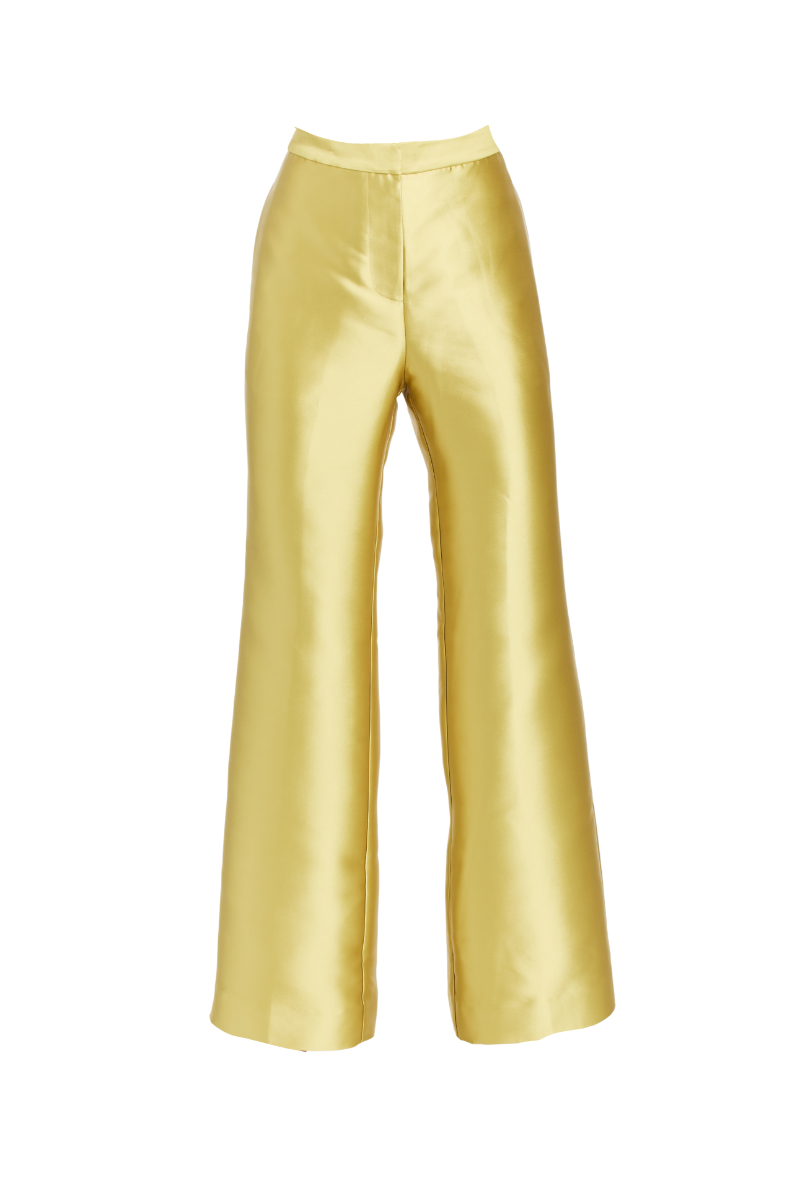 Mestiza New York Taylor pants in golden green fabric, stylish slim-fit design with waistband and side pockets.