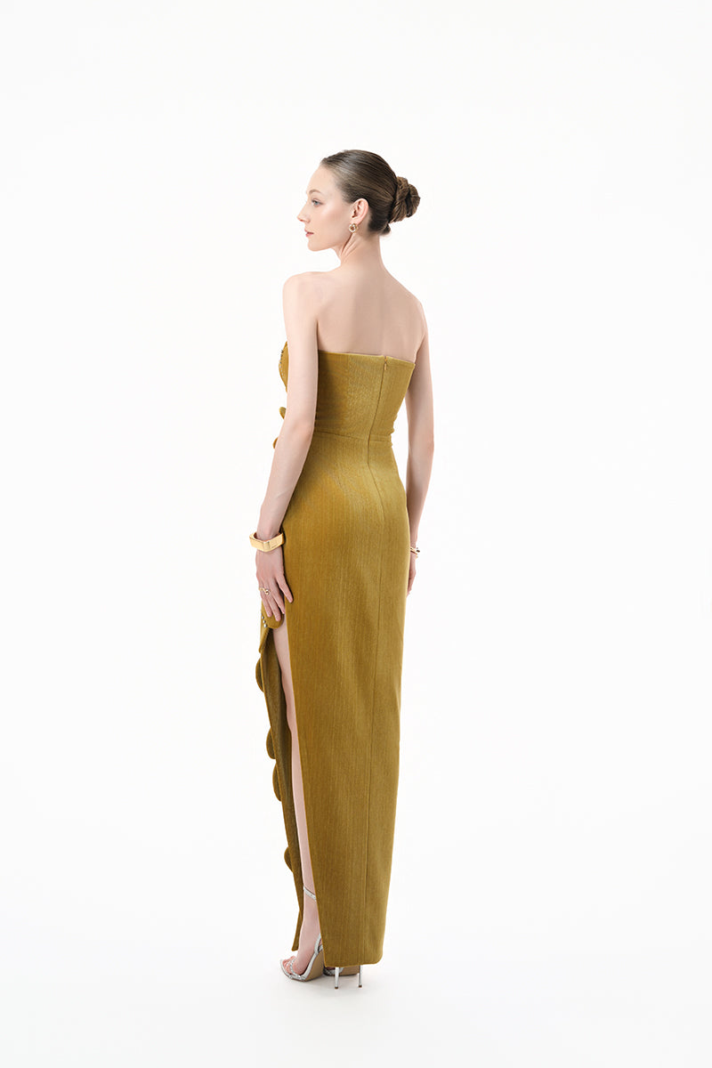 Elegant chartreuse gold velvet strapless gown with 3D petal details from Happy Clothing, showcased on a mannequin.
