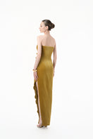Elegant chartreuse gold velvet strapless gown with 3D petal details from Happy Clothing, showcased on a mannequin.