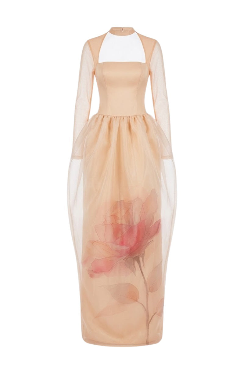 Peony Bloom Organza Maxi Dress by Margée Atelier featuring a flowing, floral-patterned design with elegant, lightweight fabric.