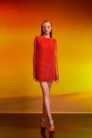 CEM Crystal Fringe Mini Dress featuring shimmering crystal details and a stylish short silhouette for a glamorous look.