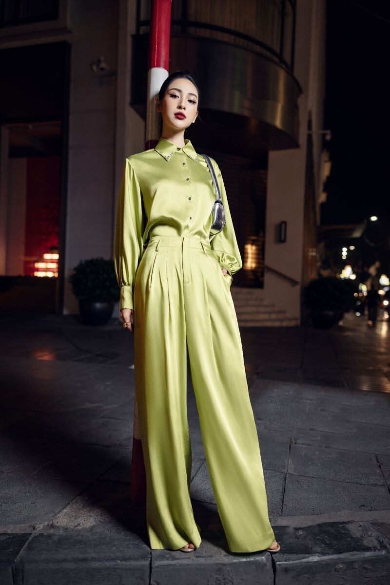 Farah lime green silk satin co-ords set with crystal-embellished shirt and matching pants by 21Six, stylish and elegant ensemble.