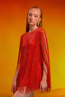 CEM crystal fringe mini dress featuring shimmering sequins and intricate fringe details, perfect for evening wear or parties.