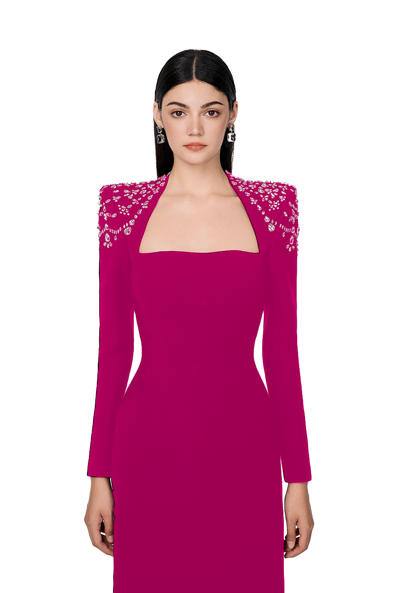 PINK LONG SLEEVE TRAPEZOID NECKLINE BODYCON FULL DRESS - CULT MIA