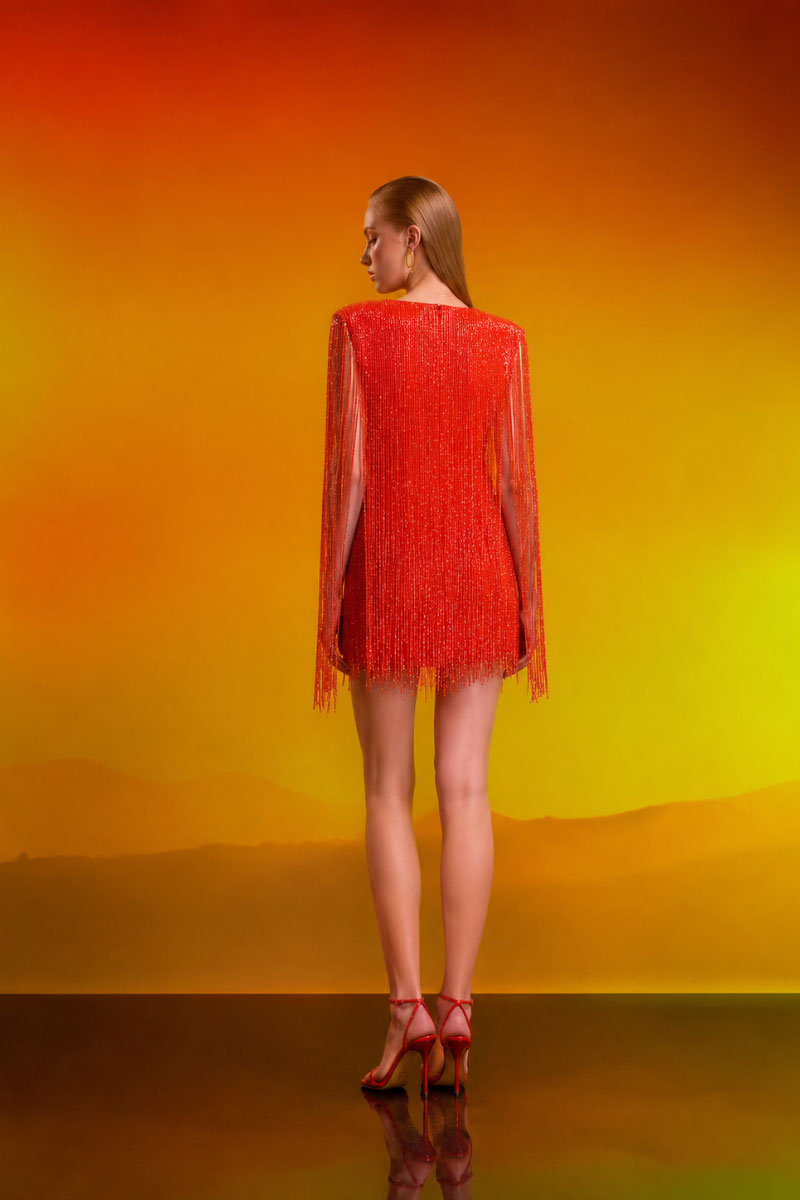 CEM crystal fringe mini dress featuring shimmering crystal embellishments and a stylish, fitted silhouette.