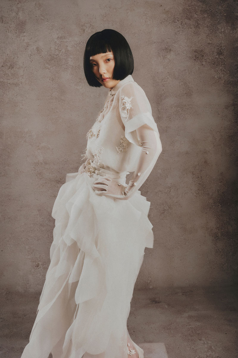 Ivory Whisper Layer Midi Dress by White Plan, featuring layered fabric and a flowing silhouette in a soft ivory color.