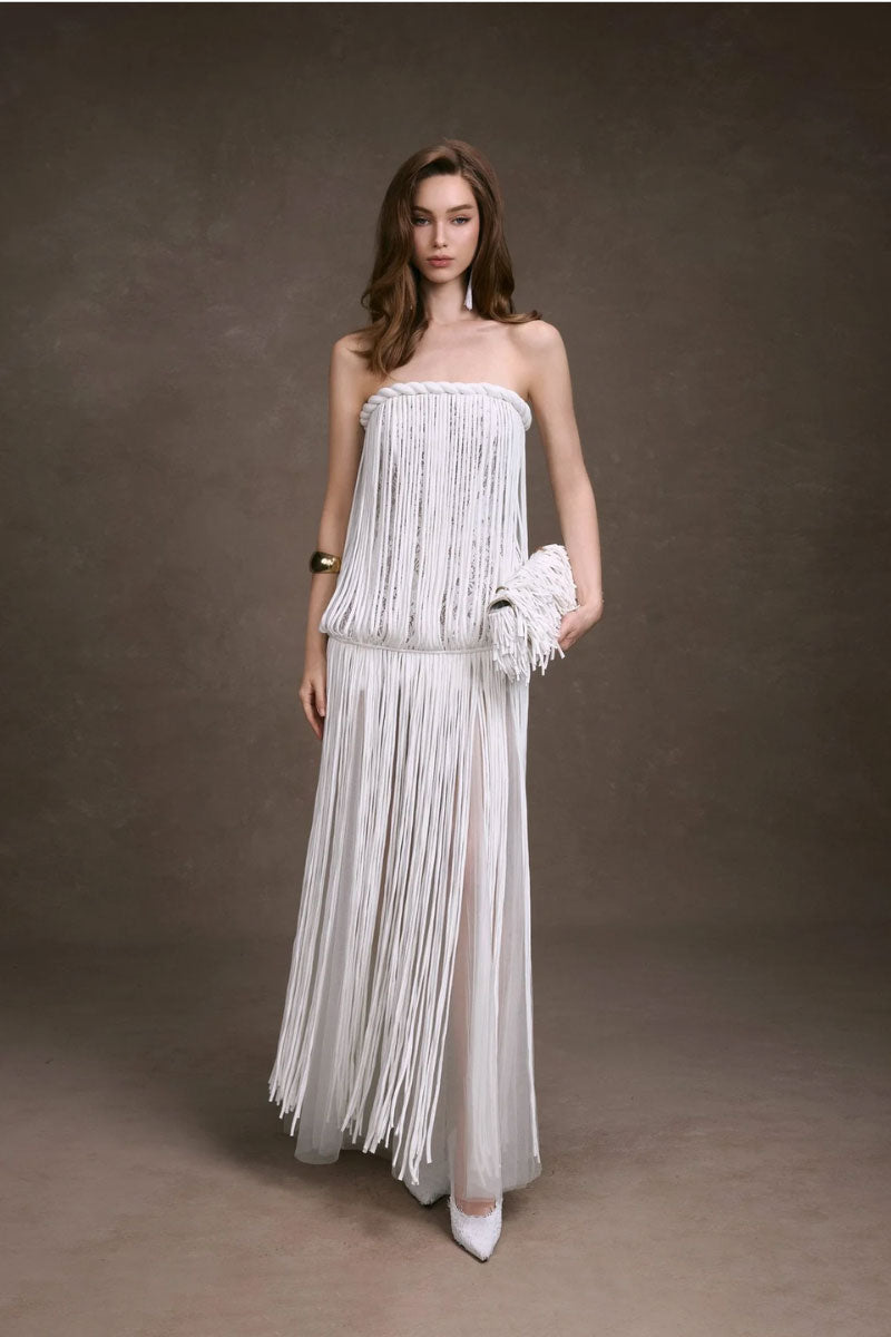 Keira Tong fringe lace corset maxi dress with intricate lace details and flowing silhouette, perfect for elegant occasions.