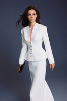 White waistband midi skirt by Keira Tong, showcasing a sleek, flowing design with a high waist and midi length.
