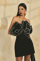 L'SCARLETT poly crepe and chiffon mini dress featuring a fitted silhouette and flowy hem, perfect for stylish occasions.
