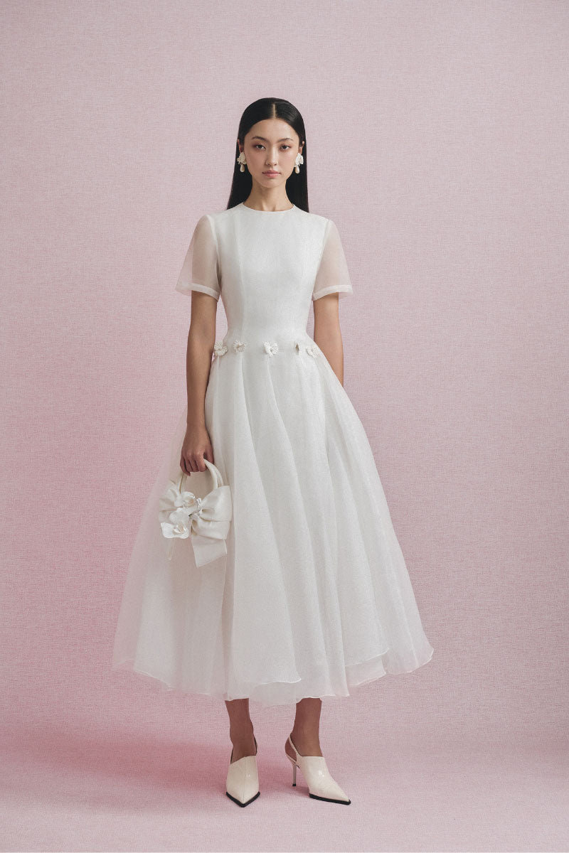 White Plan Elina Tulle Midi Dress featuring a flowy, elegant tulle fabric with a fitted waist and delicate detailing.