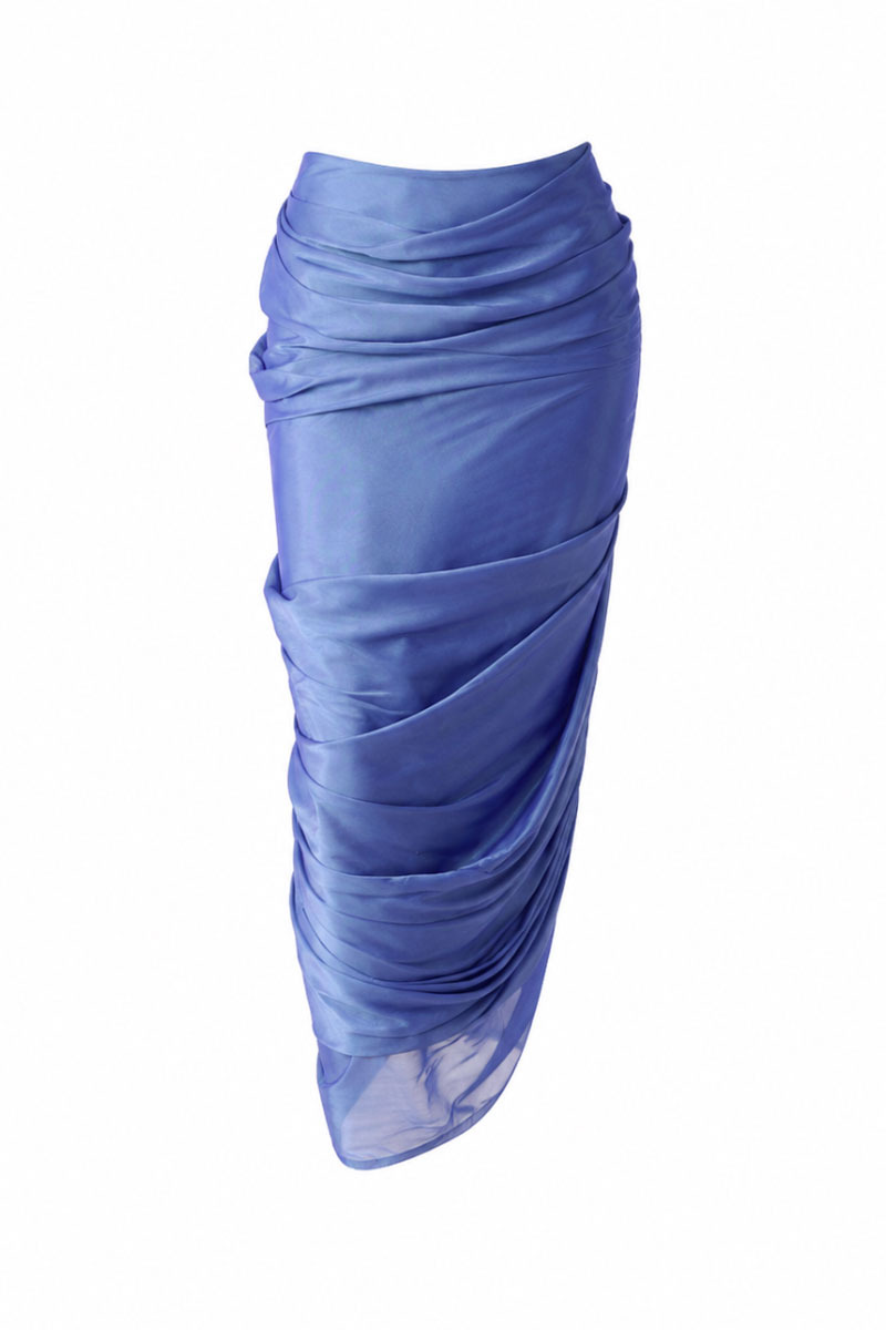 LECIA draped shiny midi skirt in luminous blue with flowing fabric and elegant design, perfect for stylish occasions.