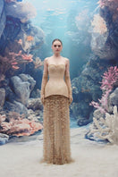 Beige KAILANI Royal Taffeta, Tulle, and Organza gown by 21Six, featuring elegant fabric layers and intricate detailing.