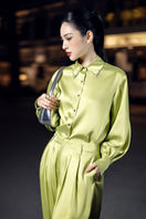Farah lime green silk satin co-ords set by 21Six, featuring crystal embellishments on the shirt and matching pants.