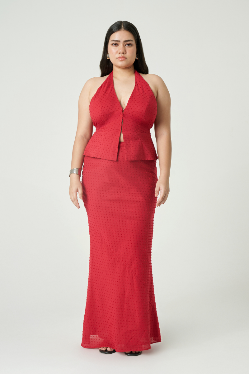 Summer Away RHEA Cherry top featuring a stylish, fitted design in vibrant cherry color, perfect for casual or summer wear.