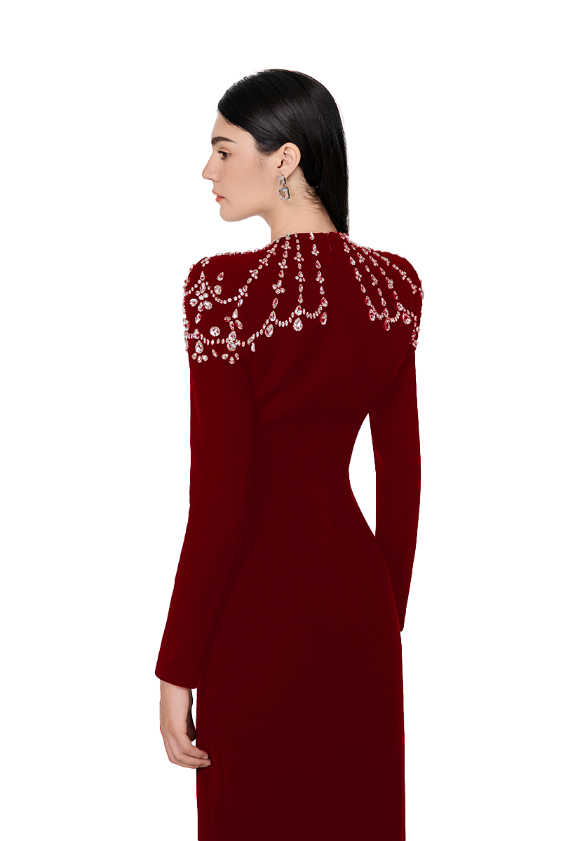 Tracy Studio RED LONG SLEEVE TRAPEZOID NECKLINE BODYCON FULL DRESS | Cult Mia Tracy Studio RED LONG SLEEVE TRAPEZOID NECKLINE BODYCON FULL DRESS | Cult Mia