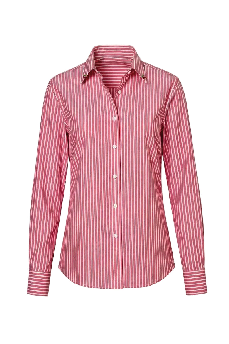 Red striped Verdelimon shirt displayed from the front, showcasing its classic pattern and button-down collar.