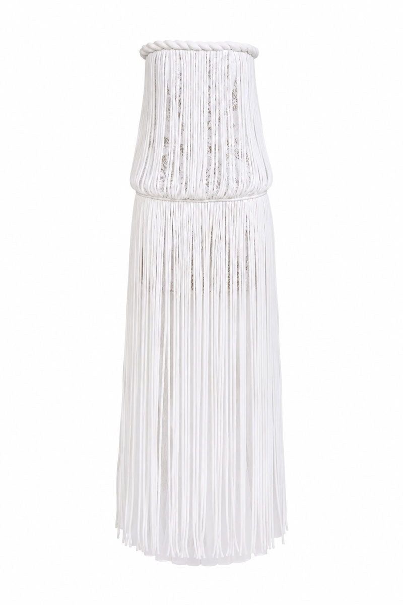 Keira Tong fringe lace maxi dress featuring a fitted corset style with intricate lace and flowing fabric, perfect for elegant occasions.