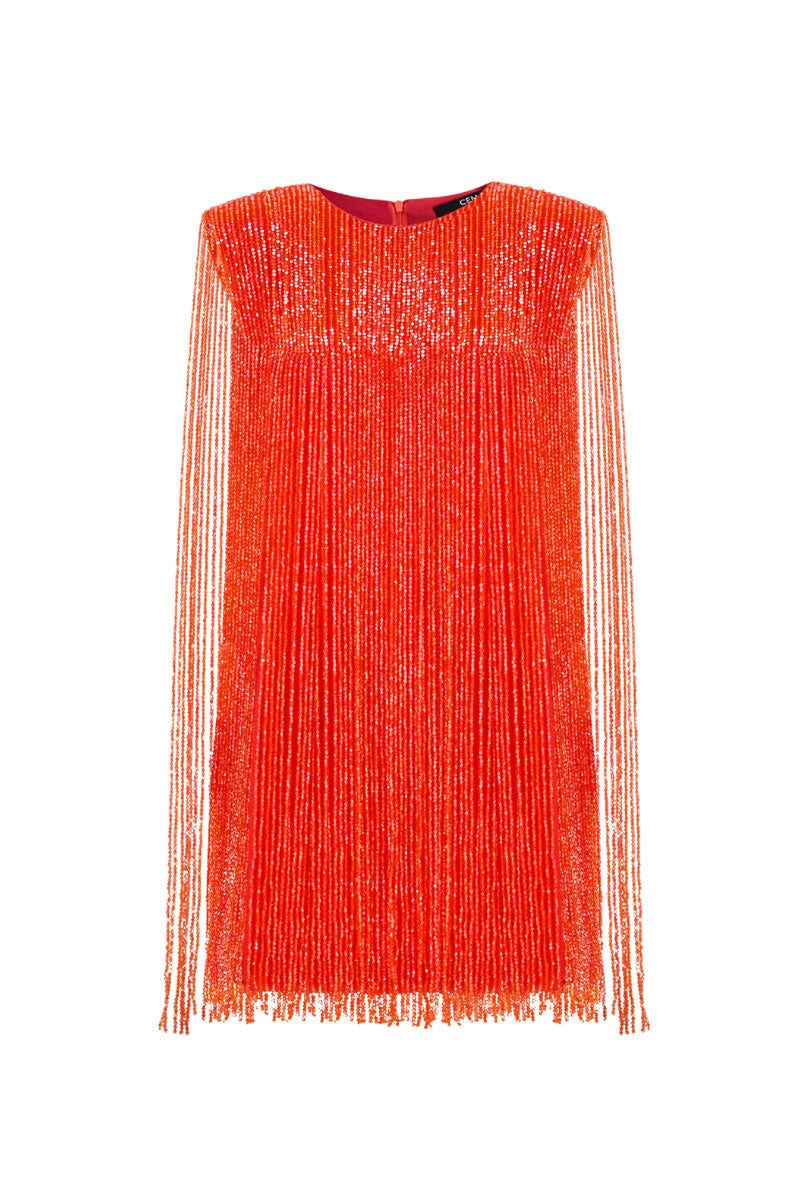 CEM crystal fringe mini dress featuring shimmering embellishments and a fitted silhouette, perfect for stylish evening wear.