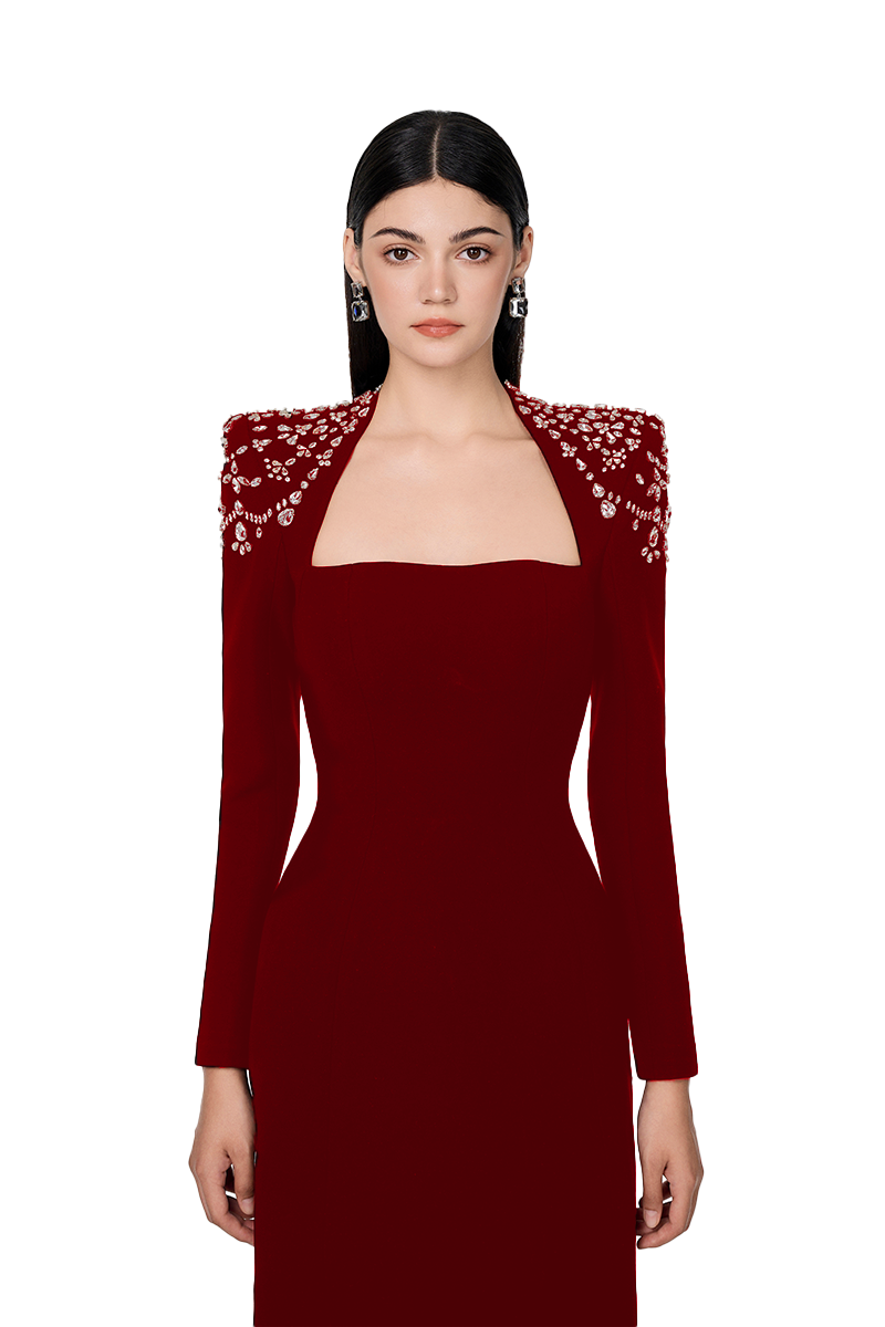 RED LONG SLEEVE TRAPEZOID NECKLINE BODYCON FULL DRESS - CULT MIA