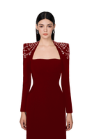 Tracy Studio SR red long sleeve bodycon maxi dress with trapezoid neckline, fitted silhouette, and elegant design.
