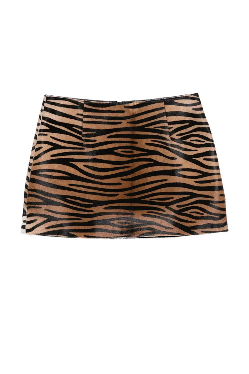 ZUT Tellier mini skirt with honey zebra print, lightweight fabric, fitted waist, and stylish design.