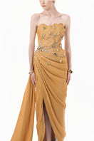 Elegant chartreuse gold heart-embellished draped gown by Happy Clothing, featuring flowing fabric and intricate heart details.