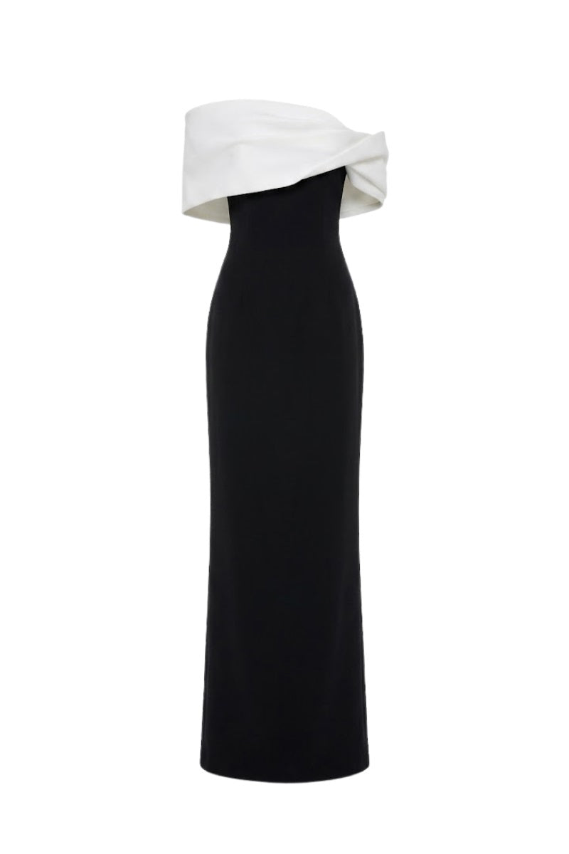 Serene off-shoulder maxi dress by Margée Atelier featuring flowing fabric and elegant design, perfect for formal occasions.