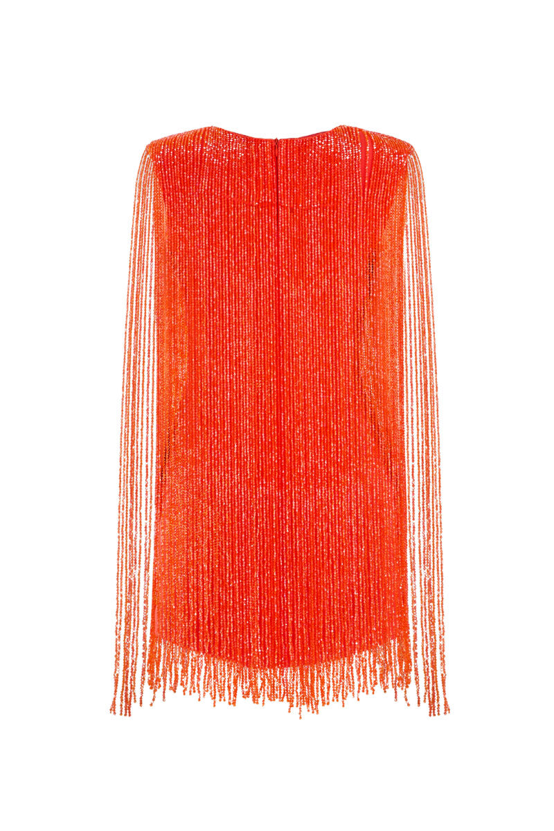 CEM Crystal Fringe Mini Dress featuring shimmering crystal embellishments and a stylish short silhouette.