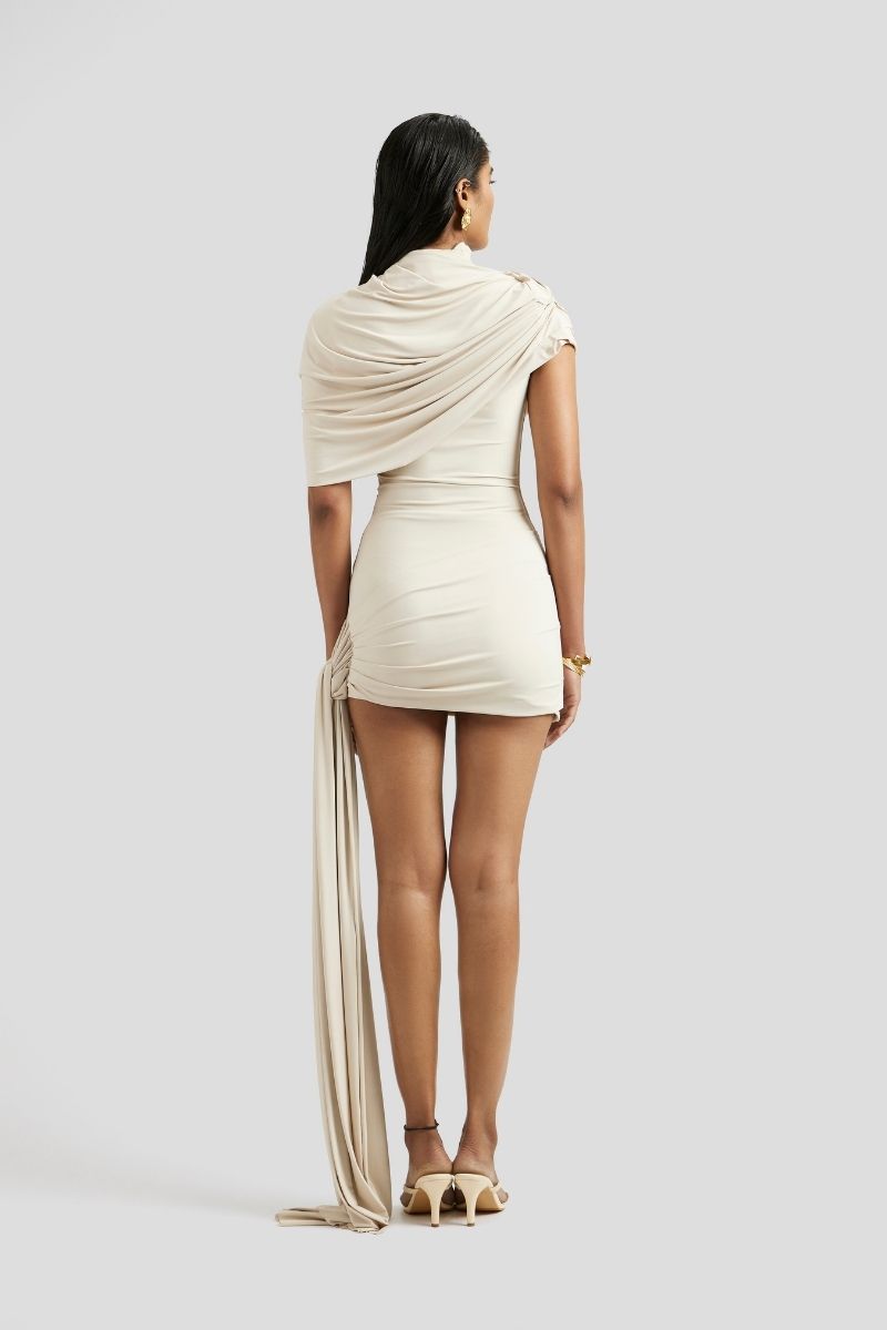 Deme By Gabriella ivory collette mini dress with fitted silhouette and short sleeves, stylish and perfect for warm weather.