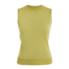 Green metallic knit top by Mestiza New York, stylish and textured, shown on a model with a close-up of the fabric and fit.
