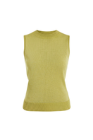 Green metallic knit top by Mestiza New York, stylish and textured, shown on a model with a close-up of the fabric and fit.