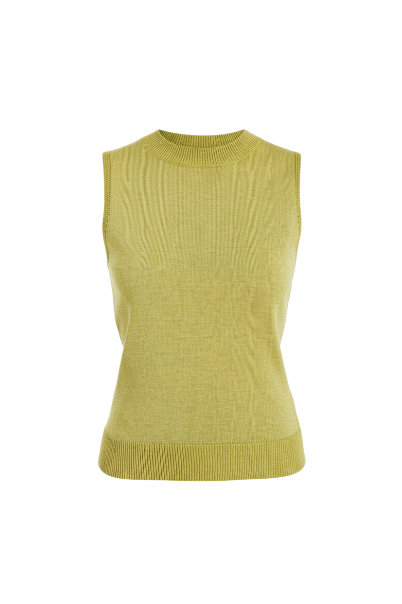Green metallic knit top by Mestiza New York, stylish and textured, shown on a model with a close-up of the fabric and fit.