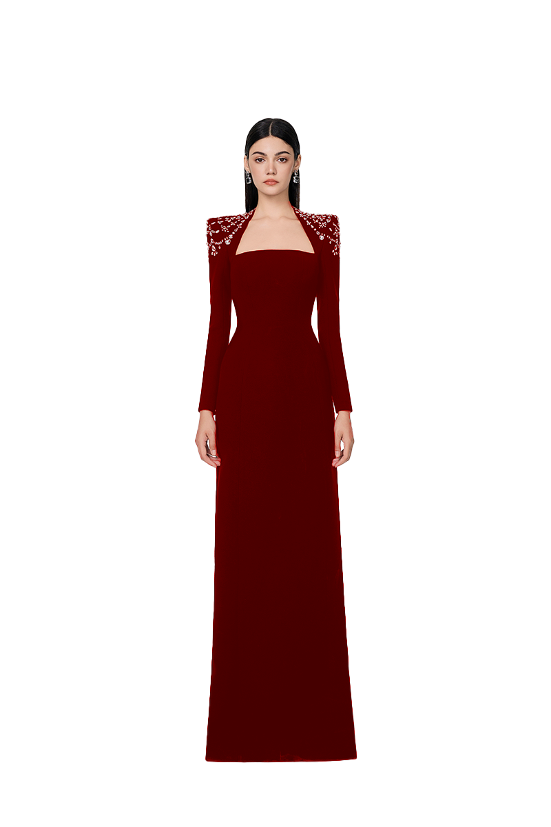 Tracy Studio RED LONG SLEEVE TRAPEZOID NECKLINE BODYCON FULL DRESS | Cult Mia Tracy Studio RED LONG SLEEVE TRAPEZOID NECKLINE BODYCON FULL DRESS | Cult Mia