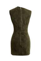 Olive green ZUT Colonial mini dress with fitted waist and short sleeves, displayed on a hanger against a neutral background.